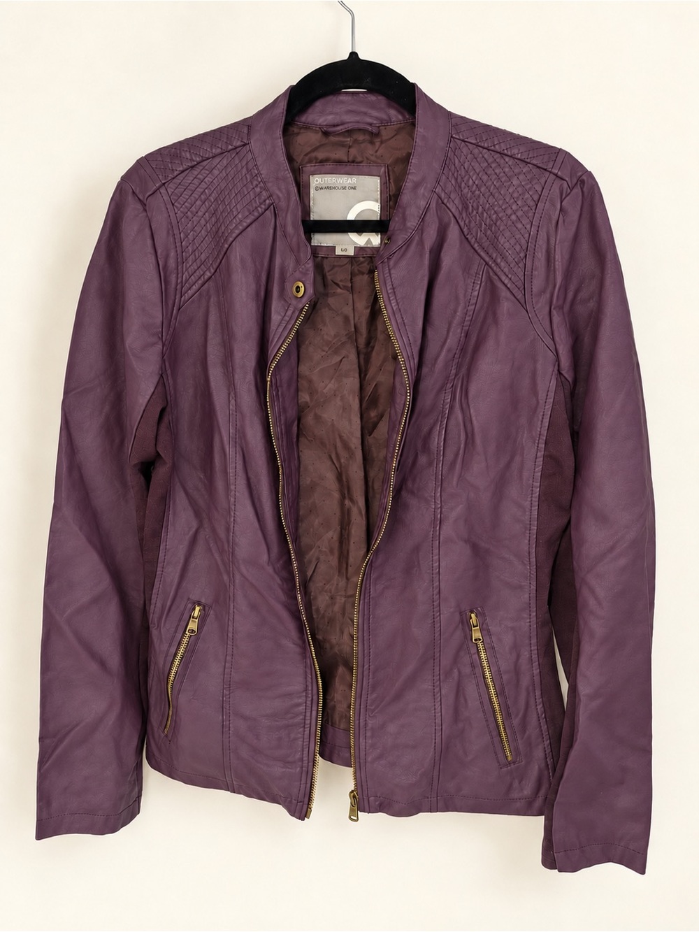 Women's Plum Leather Moto Jacket with Quilted Shoulders